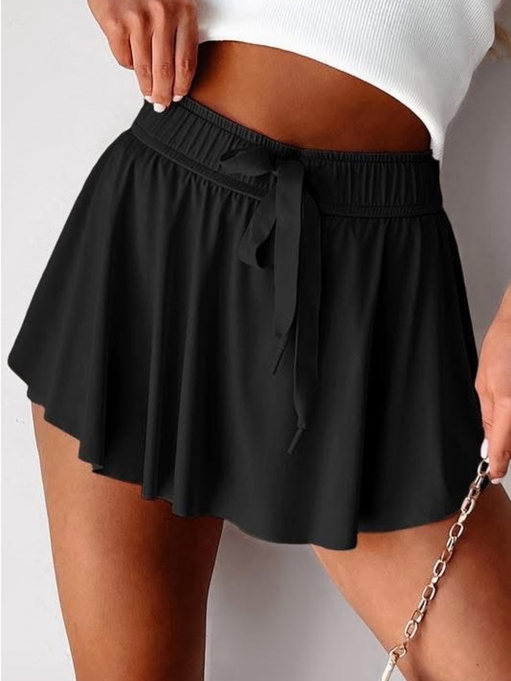 Women's Black Ruffle Drawstring Shorts - Picture 3 of 3
